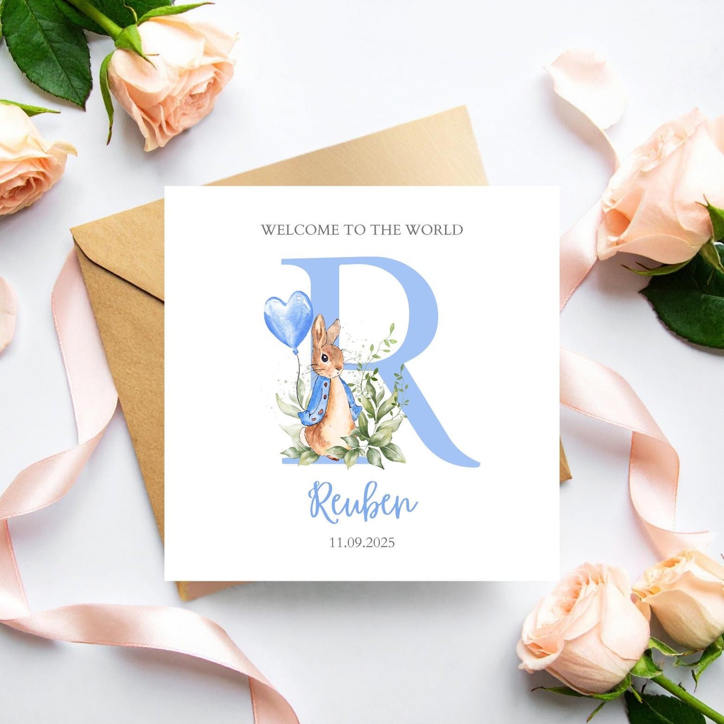 Personalised Flopsy Rabbit New Baby Card, Personalised New Baby Girl,Boy Greeting Card ,Baby's Name Initial Card, Flopsy Bunny Rabbit Card