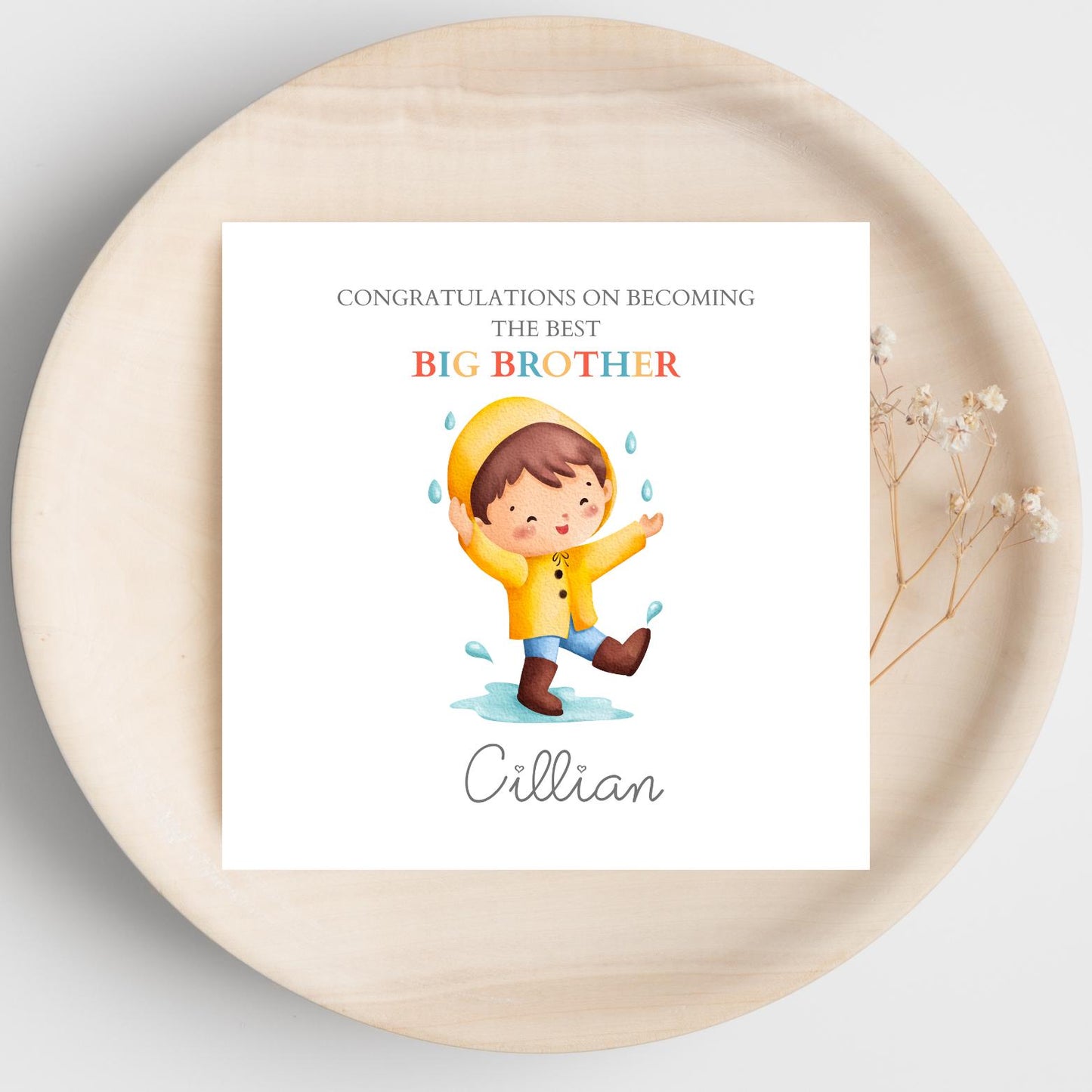 Personalised Big Brother Card - Boy Big Brother Card For Son - Promoted to Big Brother- Boy In the Rain Design, Brother Announcement