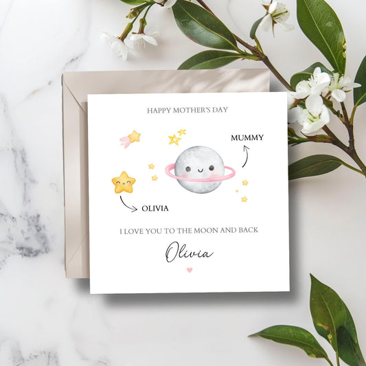 Personalised Mother's Day Moon Card - Love You to the moon and back -Best Mum Card- 1st Mother's Day Card, Moon Card for Mum on Mother's Day