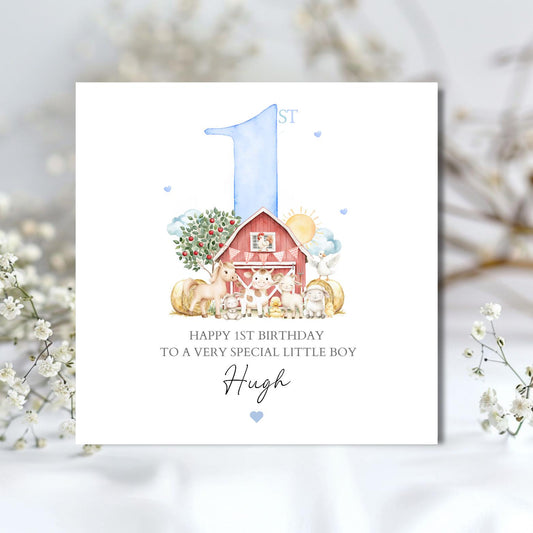 Personalised First Birthday Card Farm Animals | Blue birthday Animals card | One Birthday Card for Boy |Birthday Card for Son, Grandson