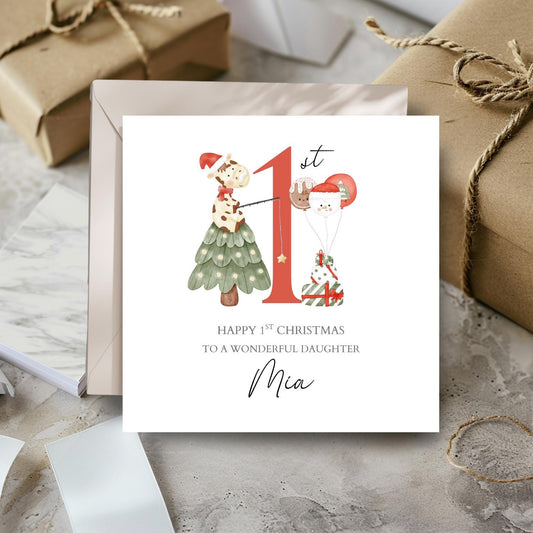 Personalised First Christmas Card| Giraffe 1st Christmas Card for Girl and Boy|2025 Christmas Card | Christmas Card for Daughter, Son, Niece