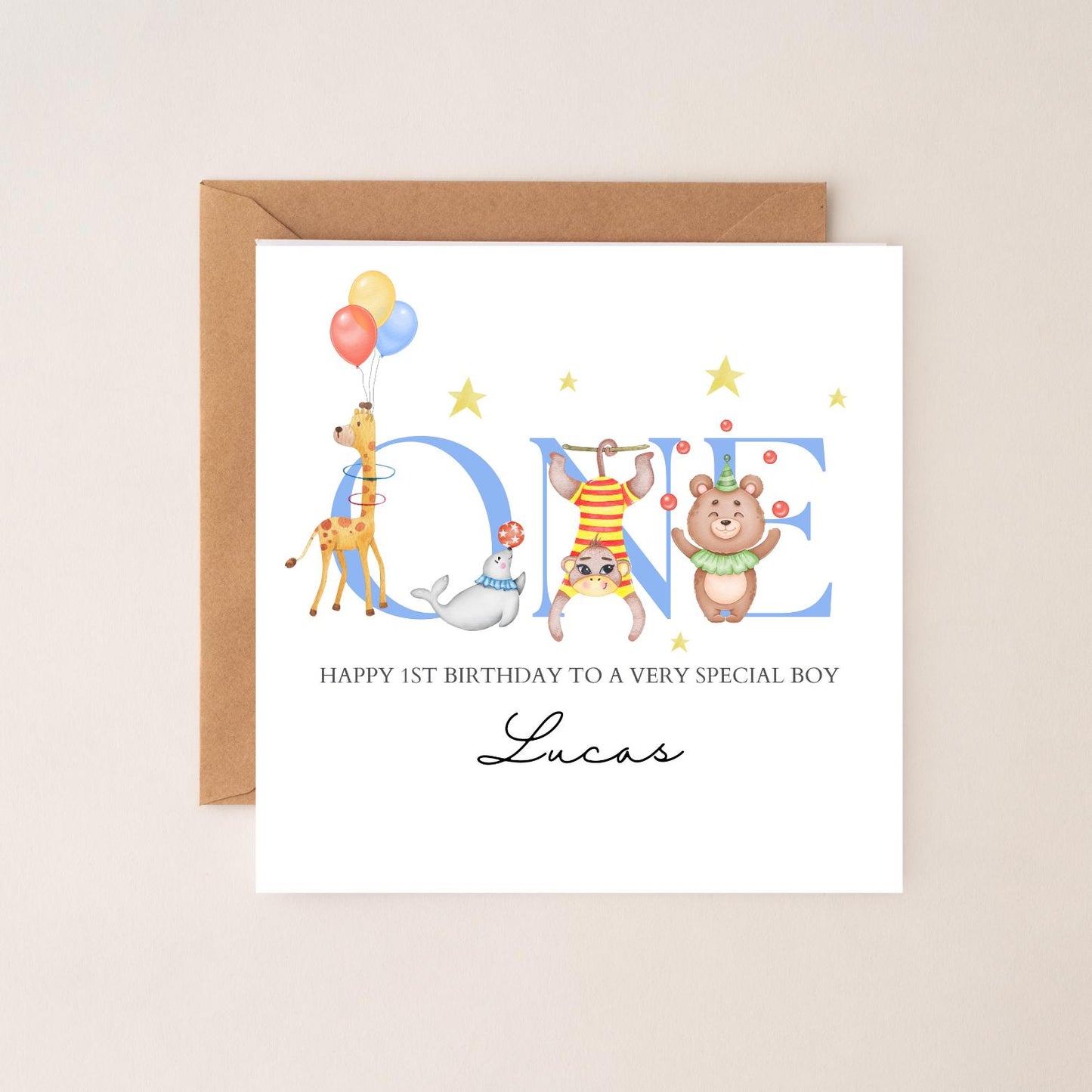Personalised First Birthday Card Circus Animals Design | 1st birthday circus card | One Personalised Birthday Card Boy & Girl, Any Relation