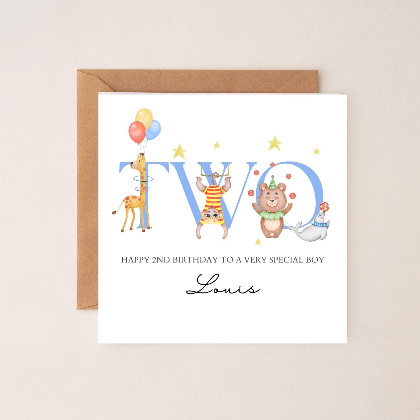 Personalised Second Birthday Card Circus Animals Design | 2nd birthday circus card | Two Personalised Birthday Card Boy & Girl, Any Relation