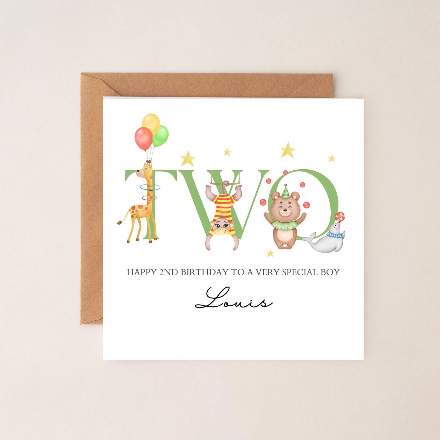 Personalised Second Birthday Card Circus Animals Design | 2nd birthday circus card | Two Personalised Birthday Card Boy & Girl, Any Relation