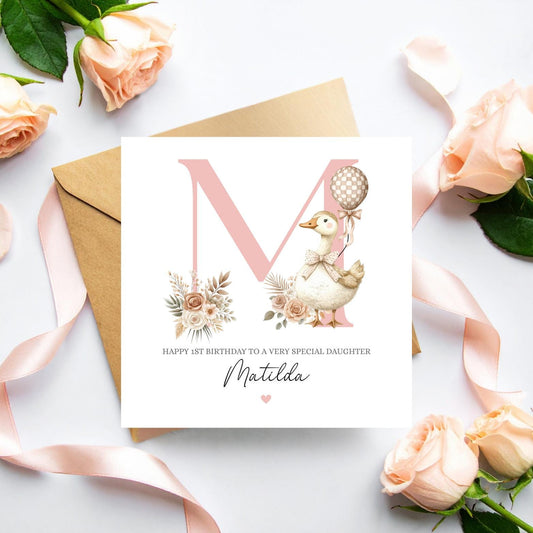 Personalised First Birthday Card Neutral | Any Age birthday silly goose card | Girl Birthday Card | Pink Vintage Silly Goose Card