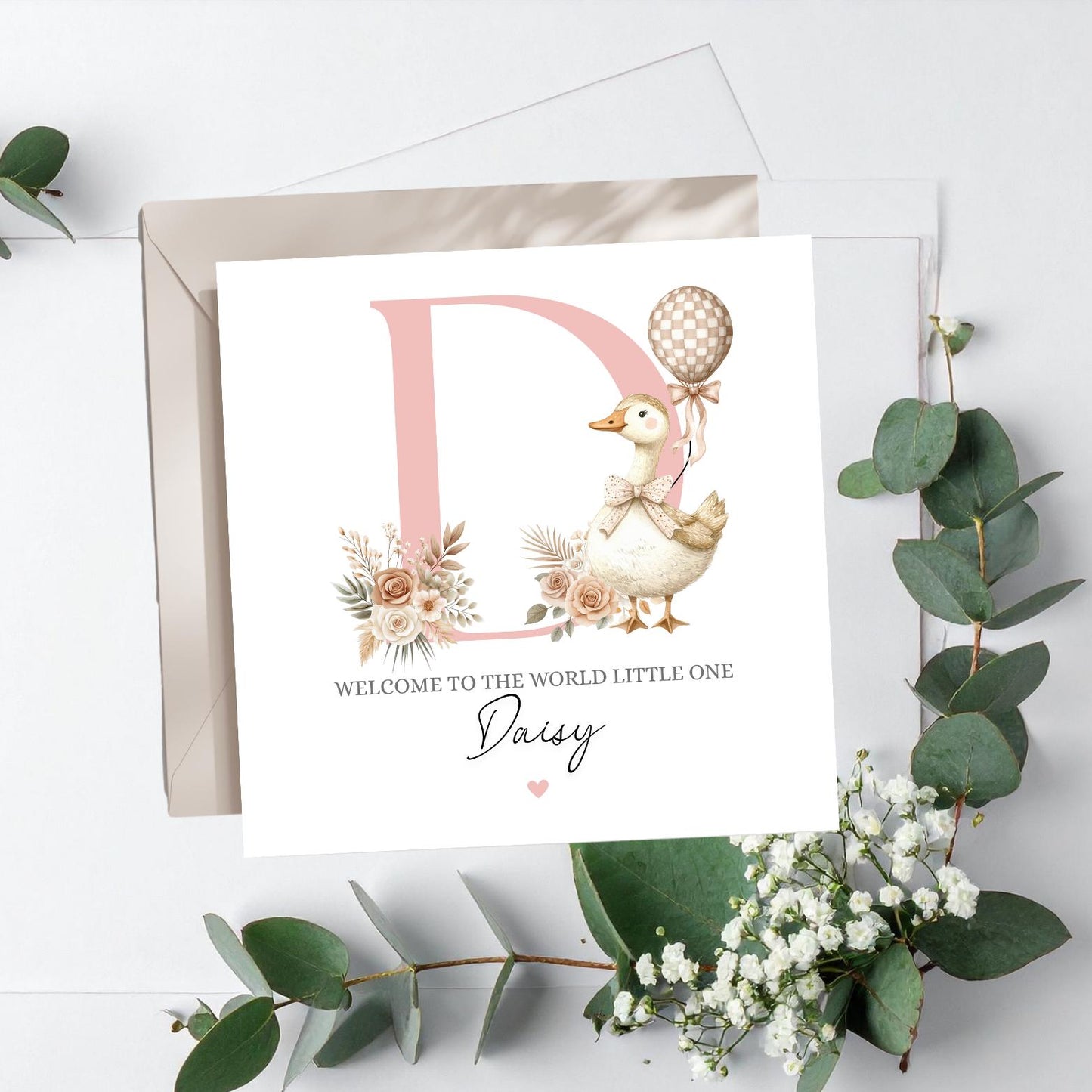 Personalised New Baby Baby Card Silly Goose, Welcome to the World Pink Silly Goose Card- Personalised Newborn Card