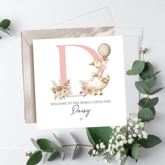 Personalised New Baby Baby Card Silly Goose, Welcome to the World Pink Silly Goose Card- Personalised Newborn Card