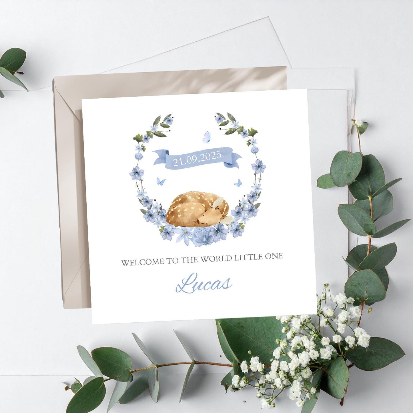 Personalised Bambi New Baby Card, Welcome to the World Card, Pink New Baby Girl Card, Blue New Baby Boy Card, Dear new Granddaughter Card