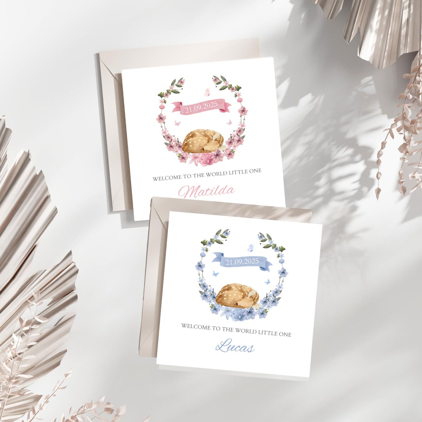 Personalised Bambi New Baby Card, Welcome to the World Card, Blue New Baby Boy Card, Pink New Baby Girl Card, Dear New Grandson Card