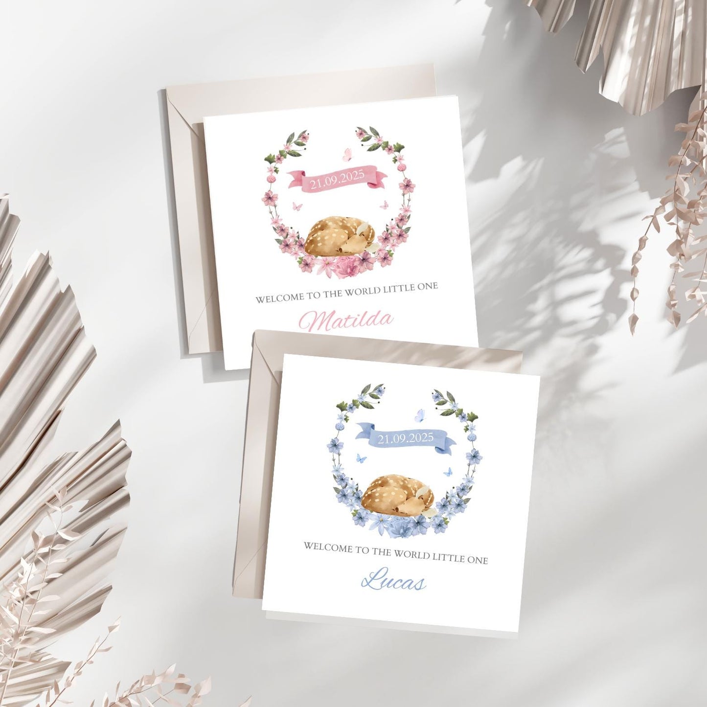 Personalised Bambi New Baby Card, Welcome to the World Card, Pink New Baby Girl Card, Blue New Baby Boy Card, Dear new Granddaughter Card