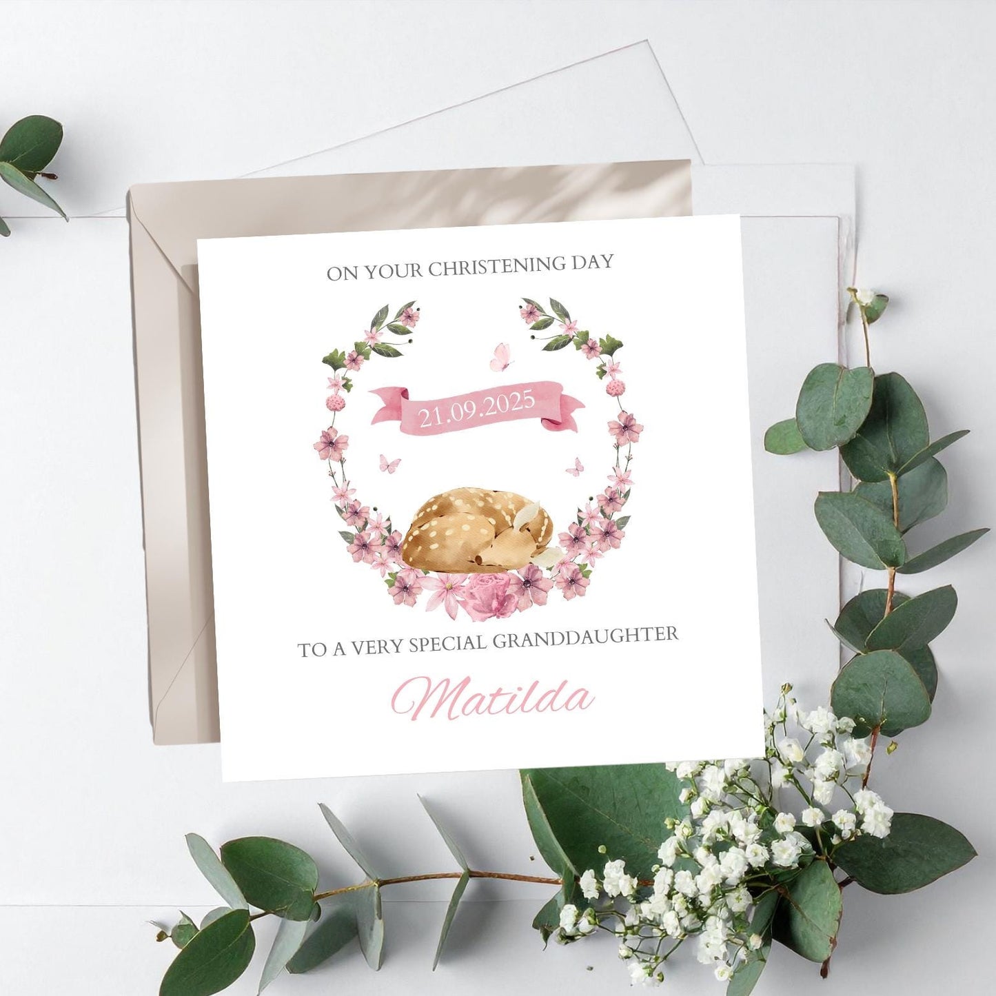 Personalised Christening Card Bambi, Baptism Card, Naming Day Card, Grandson Granddaughter Son Daughter Nephew Niece Godson Goddaughter Dear