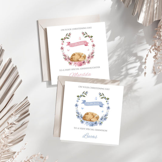 Personalised Christening Card Bambi, Baptism Card, Naming Day Card, Grandson Granddaughter Son Daughter Nephew Niece Godson Goddaughter Dear