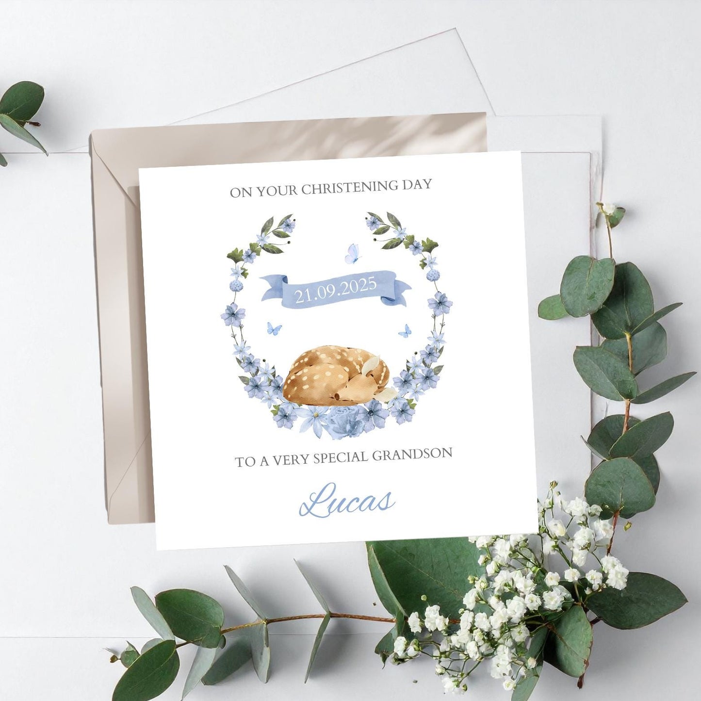 Personalised Christening Card Bambi, Baptism Card, Naming Day Card, Grandson Granddaughter Son Daughter Nephew Niece Godson Goddaughter Dear
