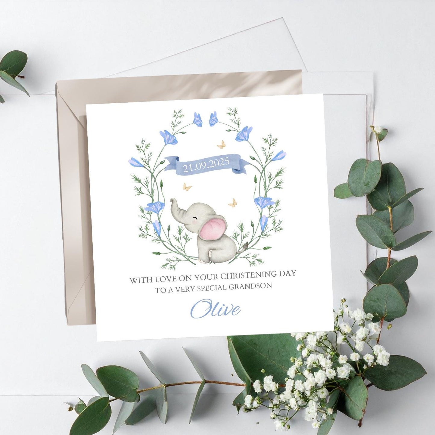 Personalised Christening Card, Elephant Baptism Girl Card, Naming Day Card, Grandson Granddaughter, Any Relation, Boy or Girl
