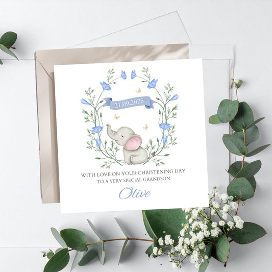 Personalised Christening Card, Elephant Baptism Girl Card, Naming Day Card, Grandson Granddaughter, Any Relation, Boy or Girl
