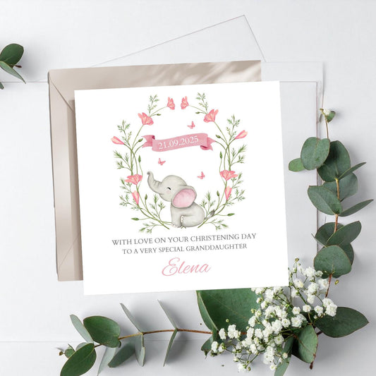Personalised Christening Card, Elephant Baptism Girl Card, Naming Day Card, Grandson Granddaughter, Any Relation, Boy or Girl