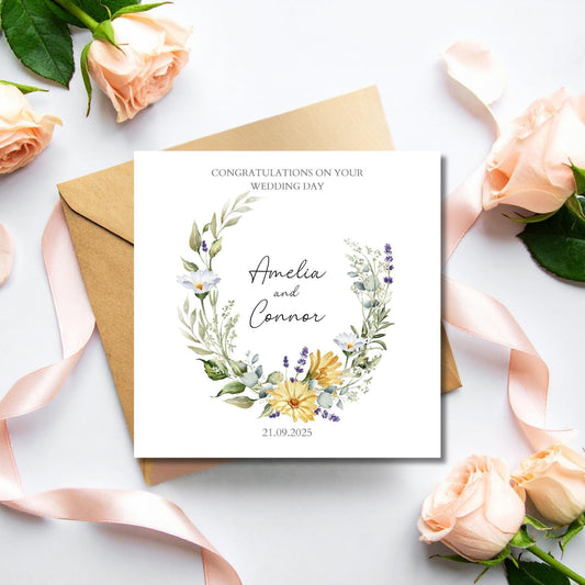 Personalised Mr & Mrs Wedding Card, Floral Wreath Wedding Card, Colour Choices, Golden Wedding Card, Custom Wedding Card