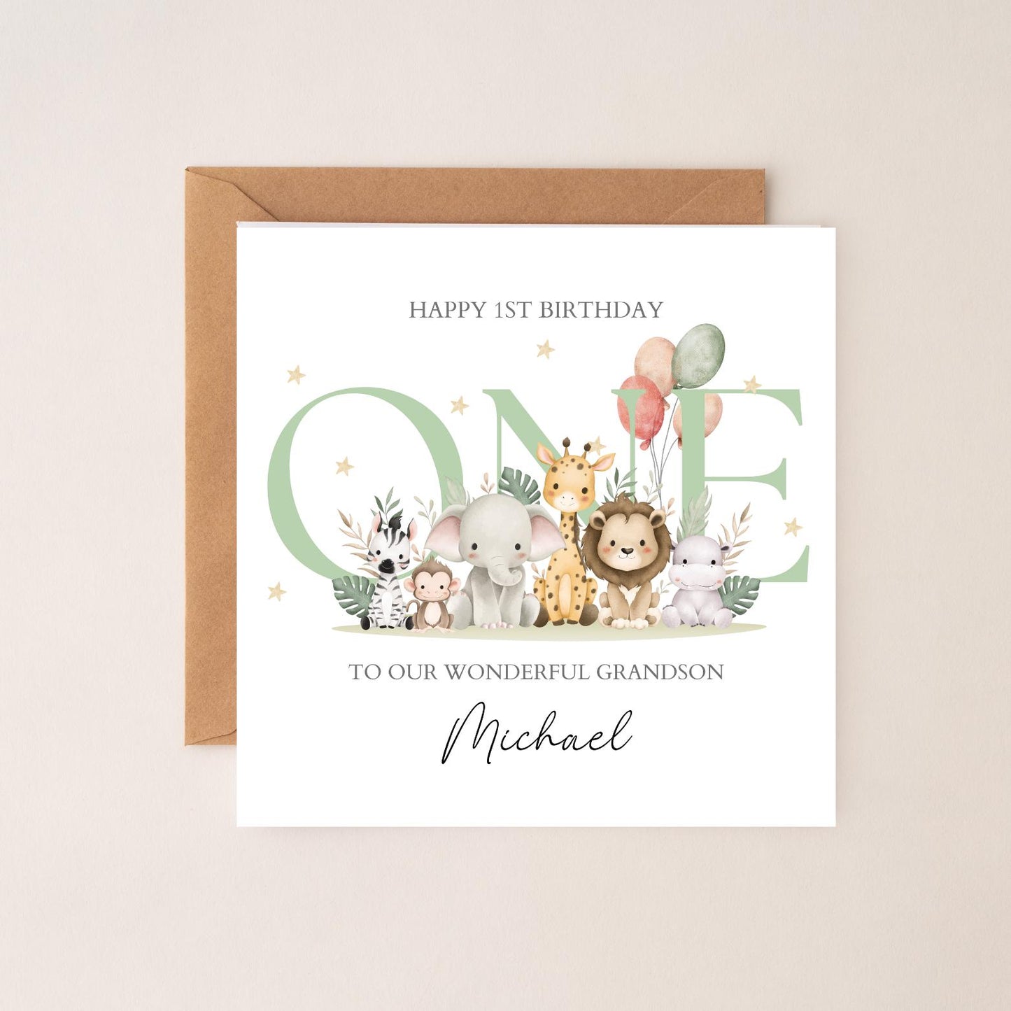 Personalised First Birthday Card Safari Animals | Blue birthday Animals card | One Birthday Card for Boy |Birthday Card for Son, Grandson