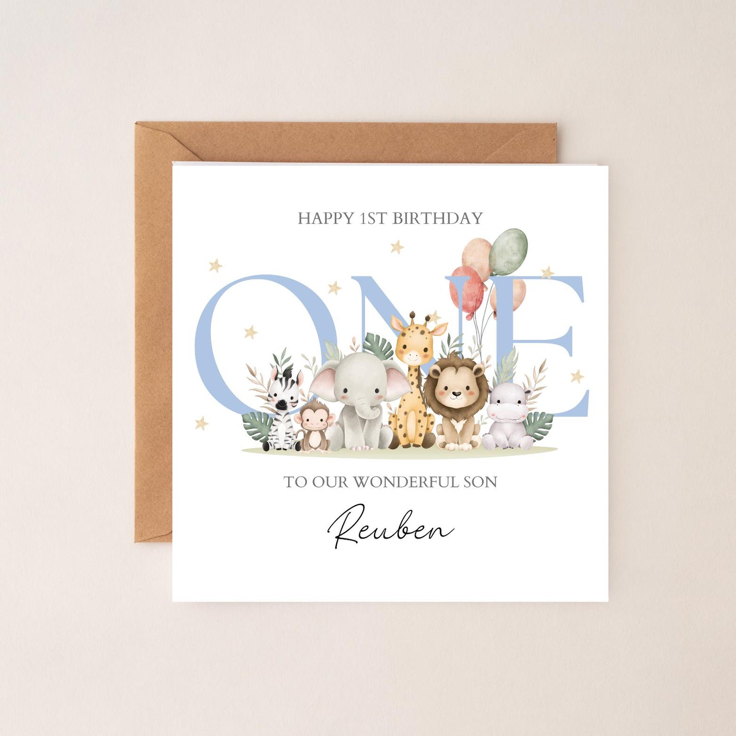 Personalised First Birthday Card Safari Animals | Pink 1st birthday Animals card | One Birthday Card for Girl |Birthday Card for Daughter