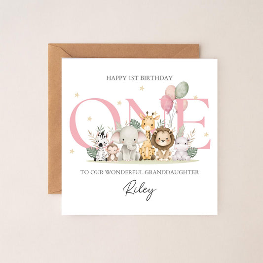 Personalised First Birthday Card Safari Animals | Pink 1st birthday Animals card | One Birthday Card for Girl |Birthday Card for Daughter