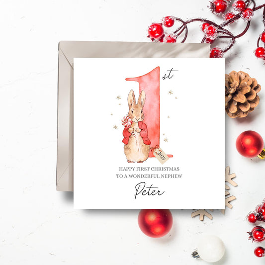 Personalised Peter Rabbit Christmas Card, First Christmas Card, Bunny Rabbit Card for Daughter, Son, Granddaughter Any Relation
