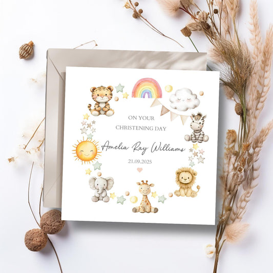 Personalised Christening Card, Baptism Card, Personalised for Girl or Boy Greeting Card, Religious Animals Wreath Baptism Card, Any Relation