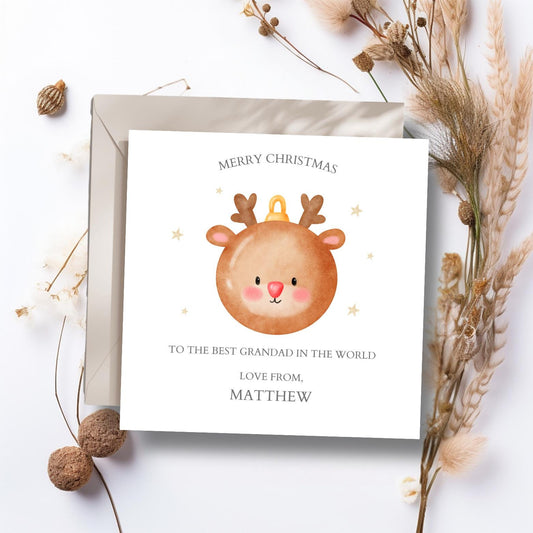 Personalised Grandpa Christmas Card - Reindeer Bauble Grandfather Card- Xmas Uncle Card-Christmas Card for Him,Any Relation