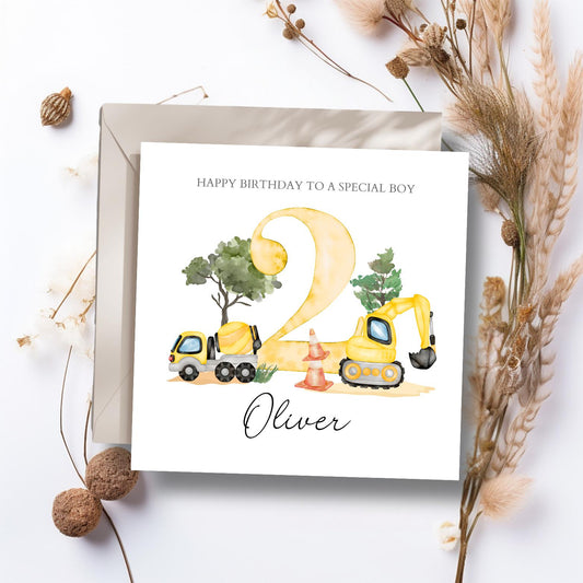 Personalised Second Birthday Digger Card-Construction Birthday Card-Personalised 3rd Birthday Construction Digger Birthday Card-Tractor Card