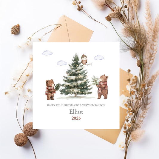 Personalised Child Christmas Card Woodland Bear|1st Christmas Card for Kids |2025 Christmas Woodland Animals Card for Son, Daughter