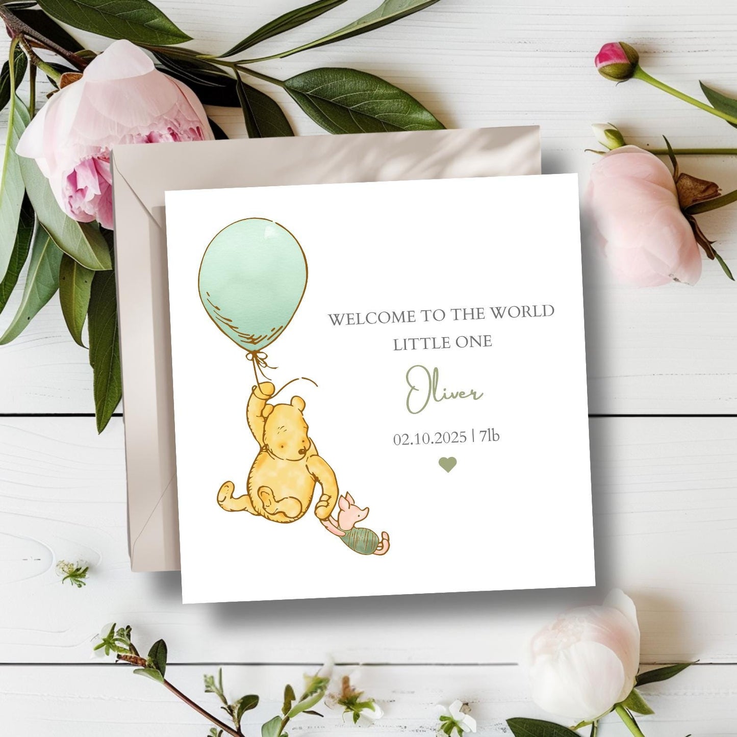 Personalised Winnie The Pooh  New Baby Card - Winnie The Pooh Welcome to the World Card - Blue Winnie The Pooh Baby Card