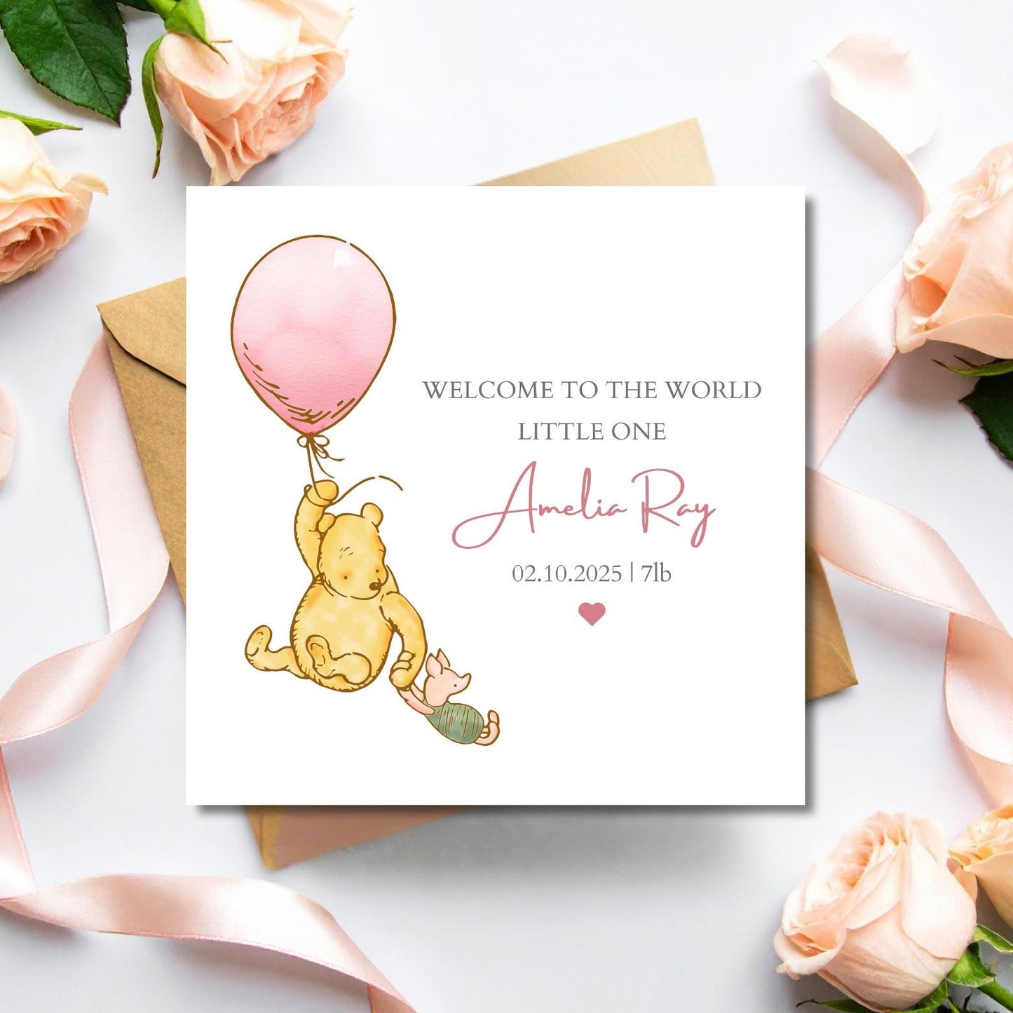 Personalised Winnie The Pooh  New Baby Card - Winnie The Pooh Welcome to the World Card - Blue Winnie The Pooh Baby Card