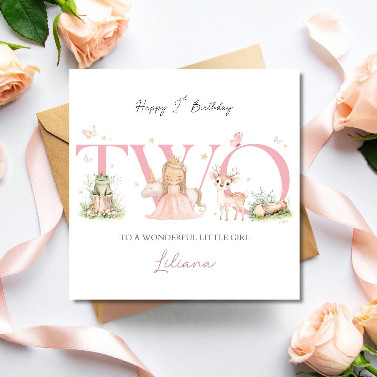 Personalised Second Birthday Princess Card |2nd birthday Girl Card |2nd Birthday Magical Card |Pink 2nd Birthday Card granddaughter, Niece