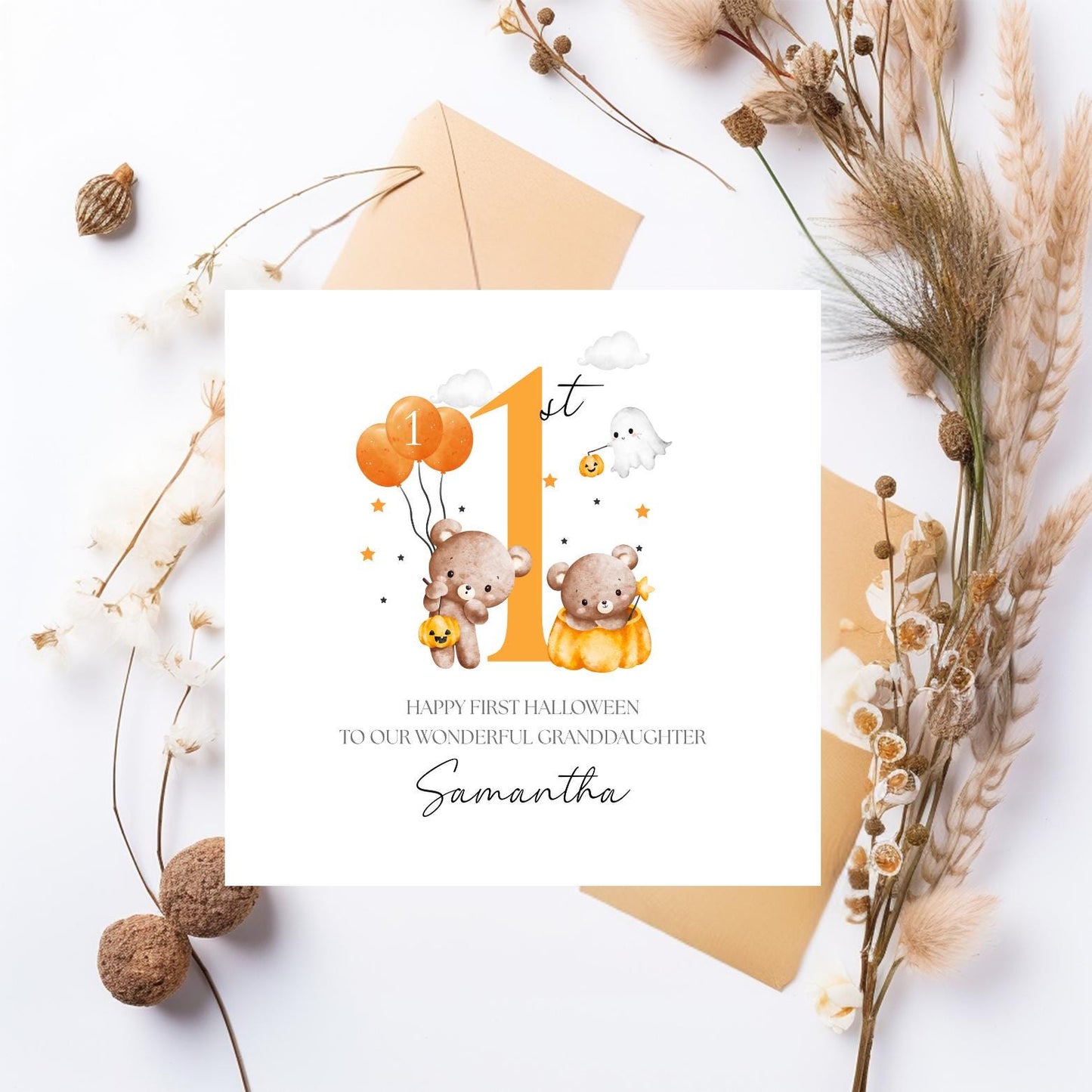 Personalised 1st Halloween Card, First Halloween Bear Pumpkin Card for Girl & Boy, Personalised Halloween Card Son, Daughter, Any Relation