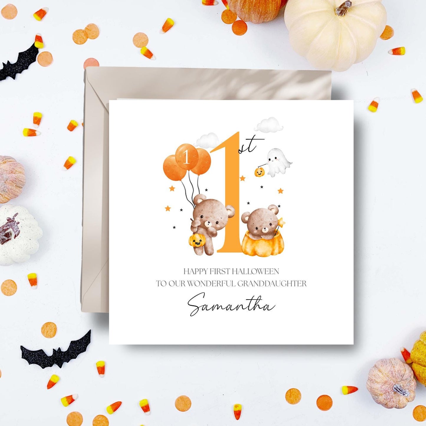 Personalised 1st Halloween Card, First Halloween Bear Pumpkin Card for Girl & Boy, Personalised Halloween Card Son, Daughter, Any Relation
