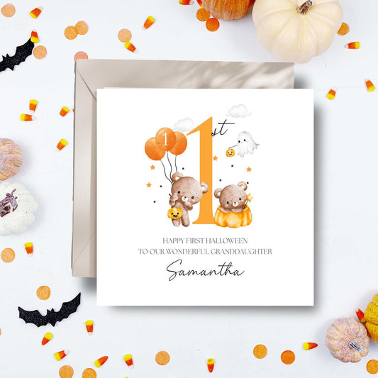 Personalised 1st Halloween Card, First Halloween Bear Pumpkin Card for Girl & Boy, Personalised Halloween Card Son, Daughter, Any Relation