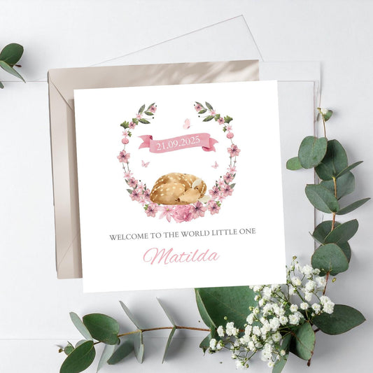 Personalised Bambi New Baby Card, Welcome to the World Card, Pink New Baby Girl Card, Blue New Baby Boy Card, Dear new Granddaughter Card