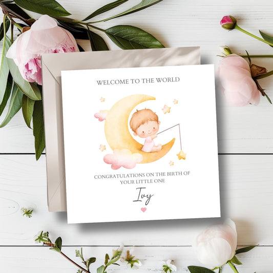 Personalised New Baby Card, Welcome to the World Card, New Baby Girl Card, New Baby Boy or Girl Card, Moon and Stars Baby Card for Niece