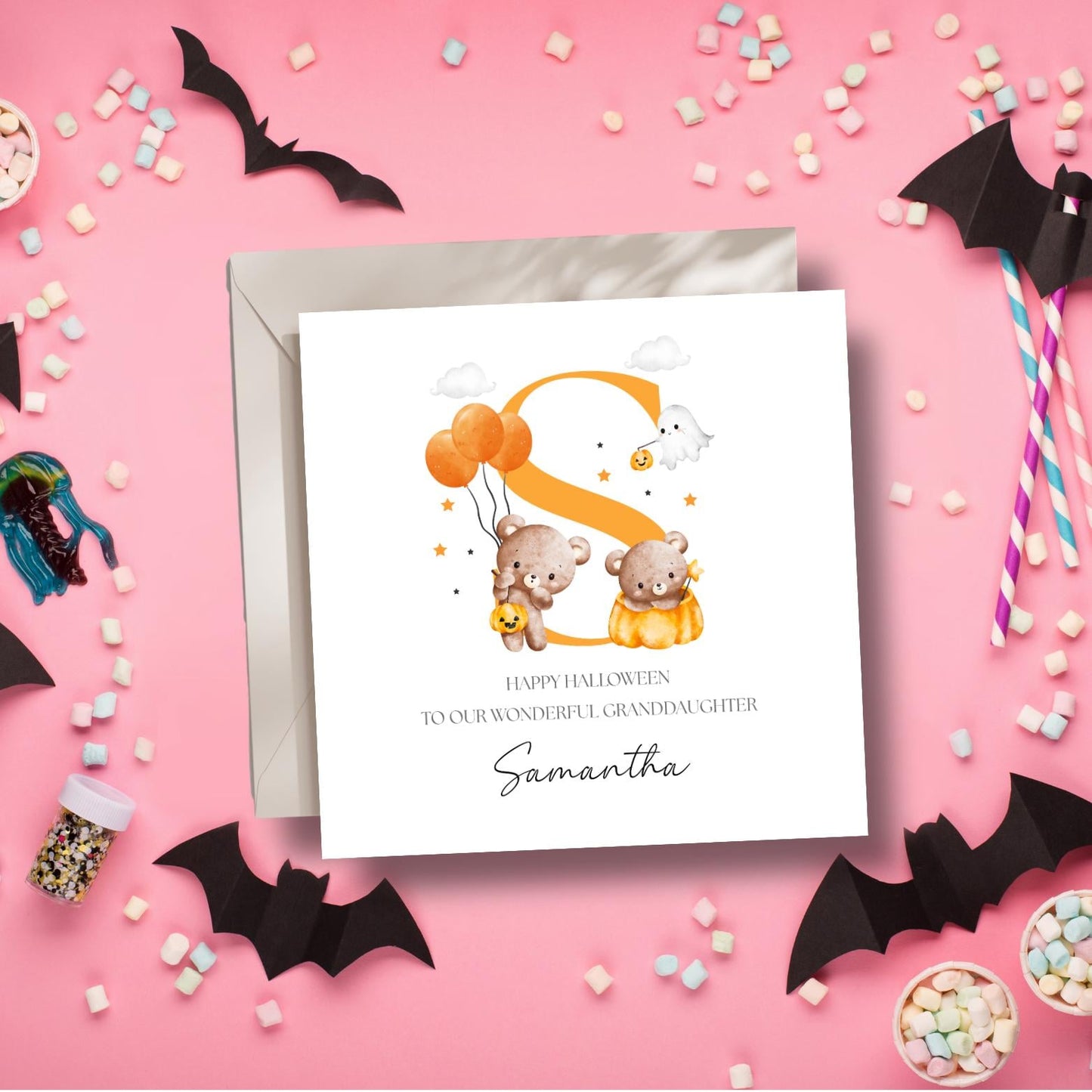 Personalised 1st Halloween Card, First Halloween Bear Pumpkin Card for Girl & Boy, Personalised Halloween Card Son, Daughter, Any Relation