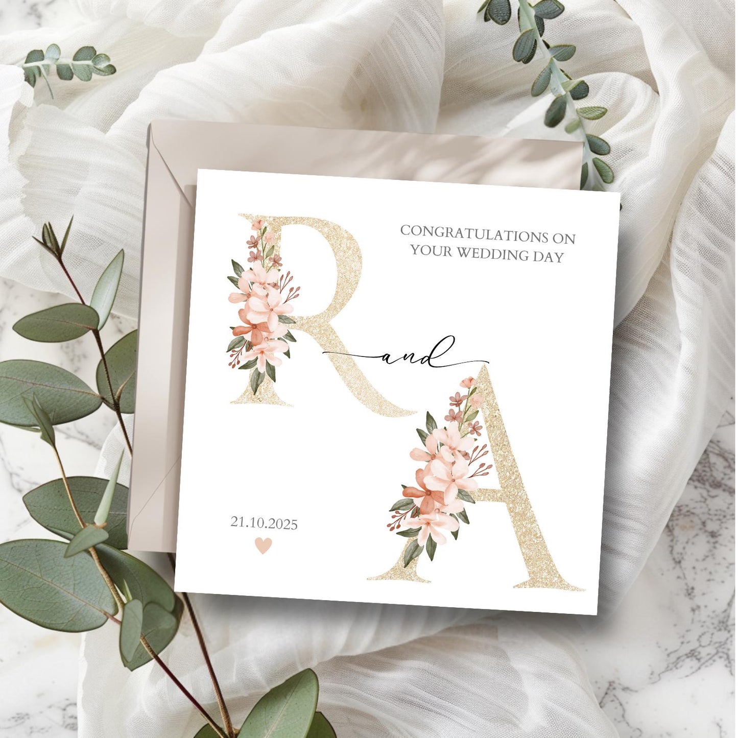 Personalised Mr & Mrs Wedding Card, To the New Mr and Mrs Card, Wedding Initials Card, Neutral Wedding Card, Gold and Floral Wedding Card