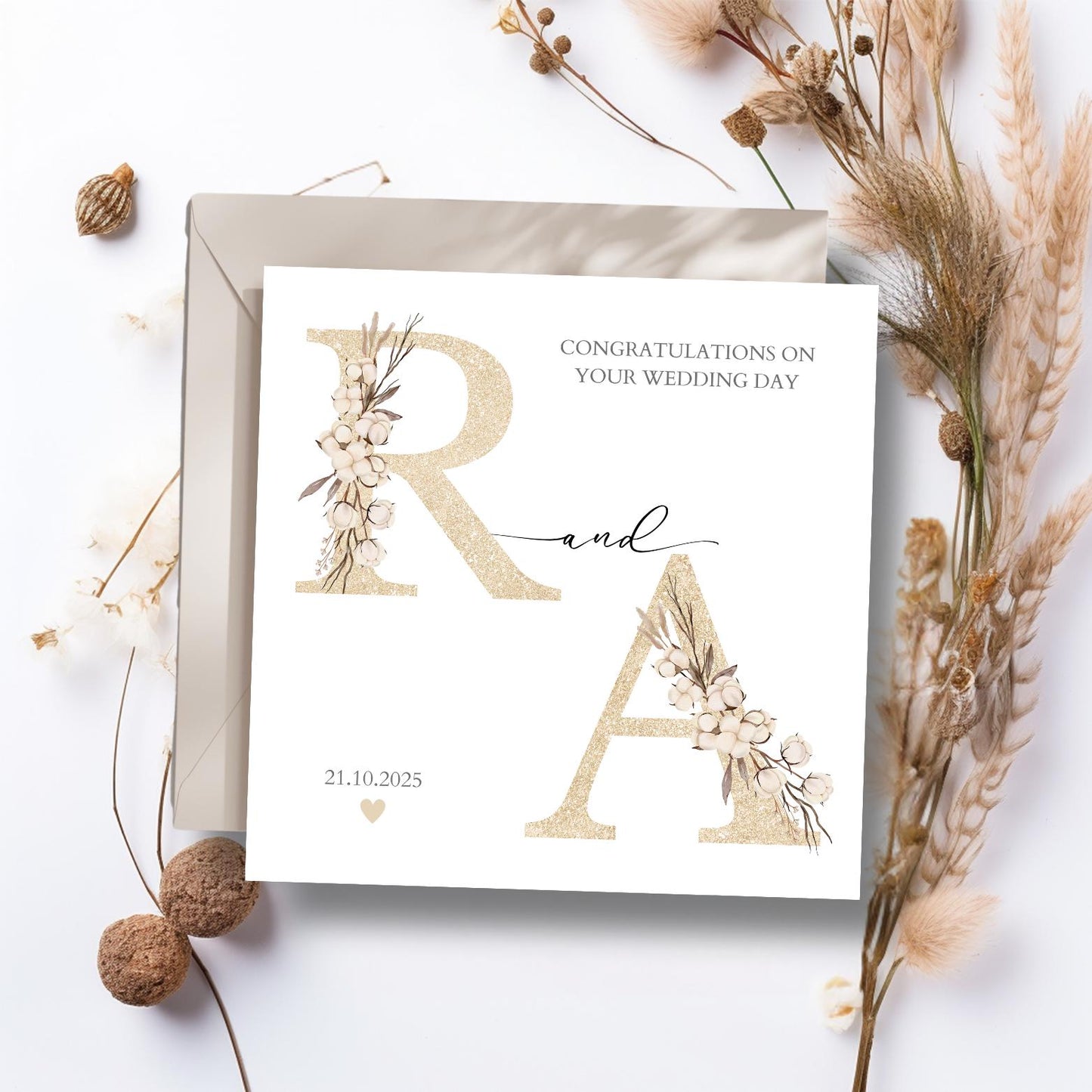 Personalised Mr & Mrs Wedding Card, To the New Mr and Mrs Card, Wedding Initials Card, Neutral Wedding Card, Gold and Floral Wedding Card