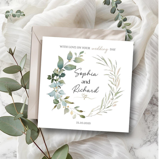 Personalised Wedding Card, Personalised On Your Wedding Day Card, Personalised Wedding Greenery Eucalyptus Card, Wedding greenery Card