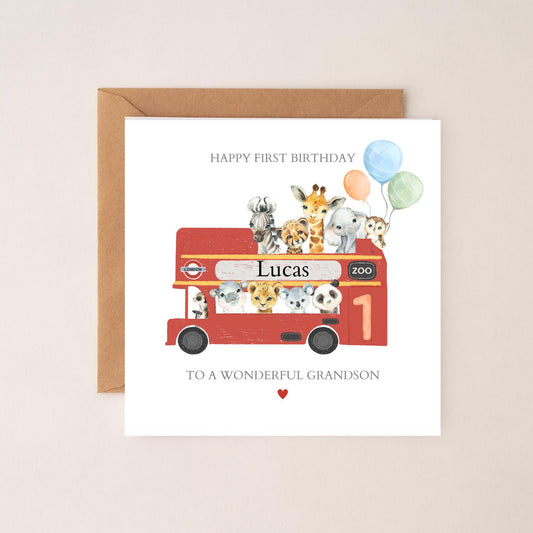 Personalised First Birthday Card Safari Animals London Bus | 1st birthday Animals card | First Birthday Card for Boy, Son, Grandson