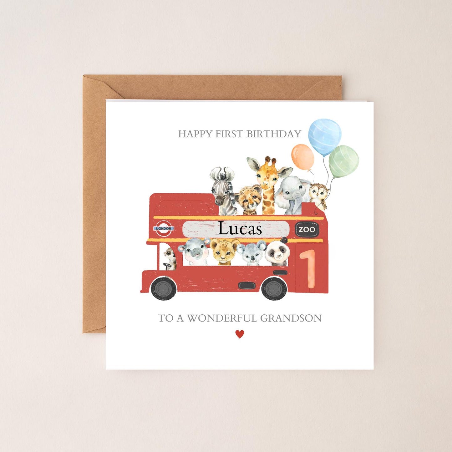 Personalised Second Birthday Card Safari Animals London Bus | 2nd birthday Animals card | Second Birthday Card for Boy, Son, Grandson