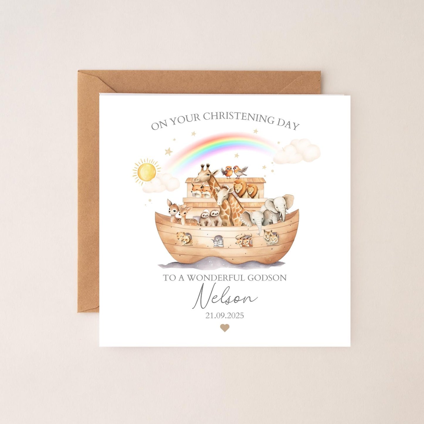 Personalised Noah's Ark Christening Card, Baptism Card, Personalised Baby Girl or Boy Greeting Card, Animal Ark Baptism Card, Any Relation