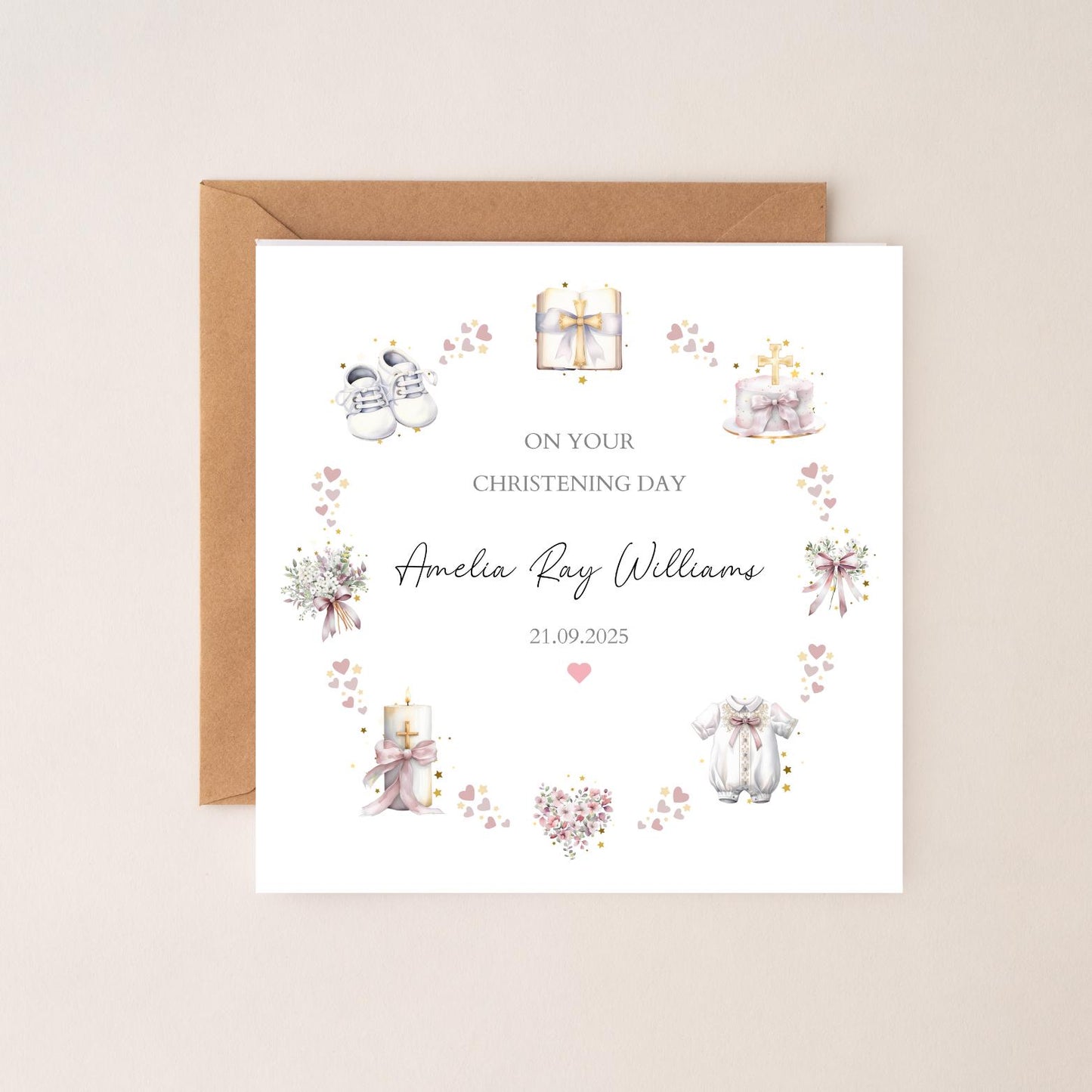 Personalised Christening Card, Baptism Card, Personalised for Girl or Boy Greeting Card, Religious Wreath Baptism Card, Any Relation