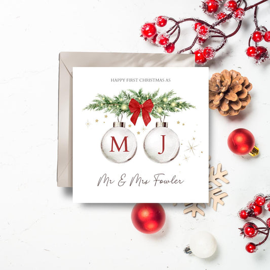 Personalised First Christmas as Mr & Mrs Card, Couple Christmas Card, Newlywed Couple Christmas Card, Couple Initials Bauble Christmas Card