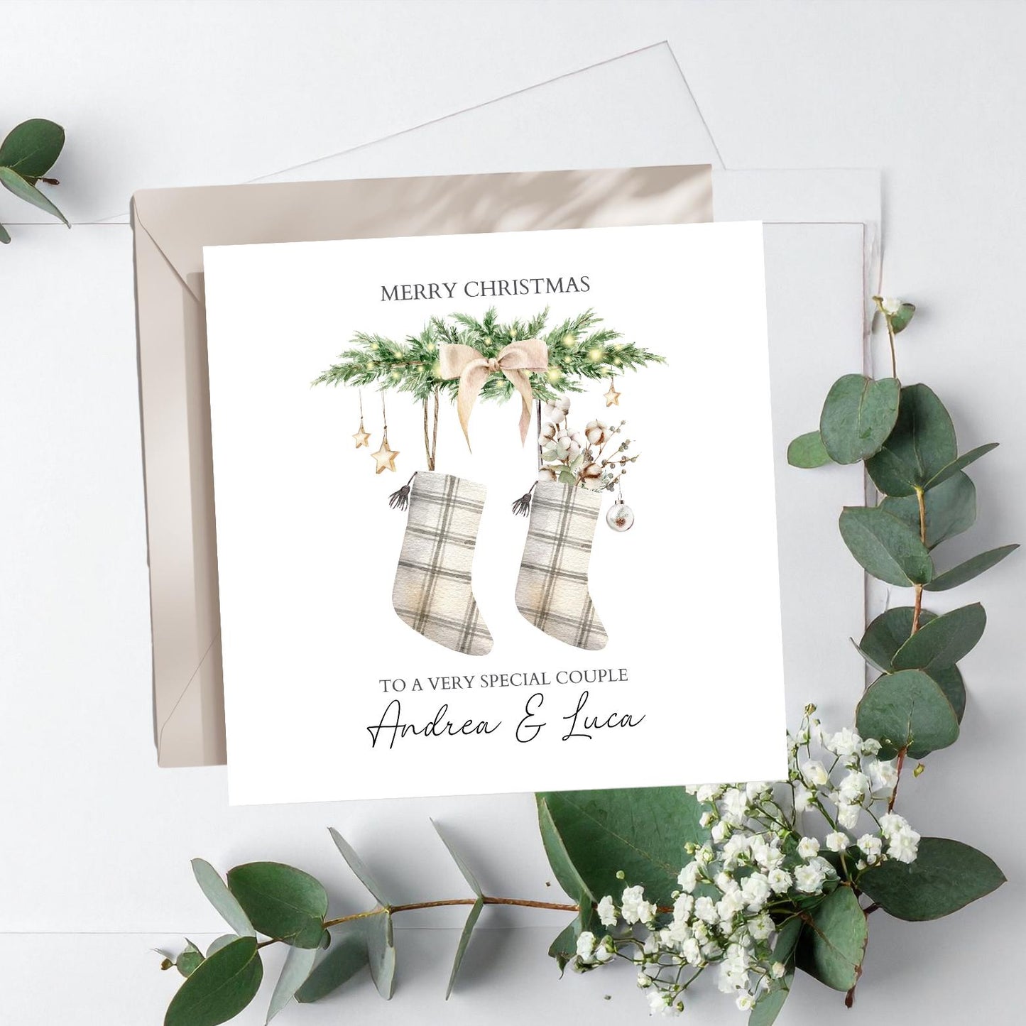 Personalised Special Couple Christmas Card, Couple Initials Stockings Christmas Card, Xmas Card Daughter, Son, In Law's Any Relation
