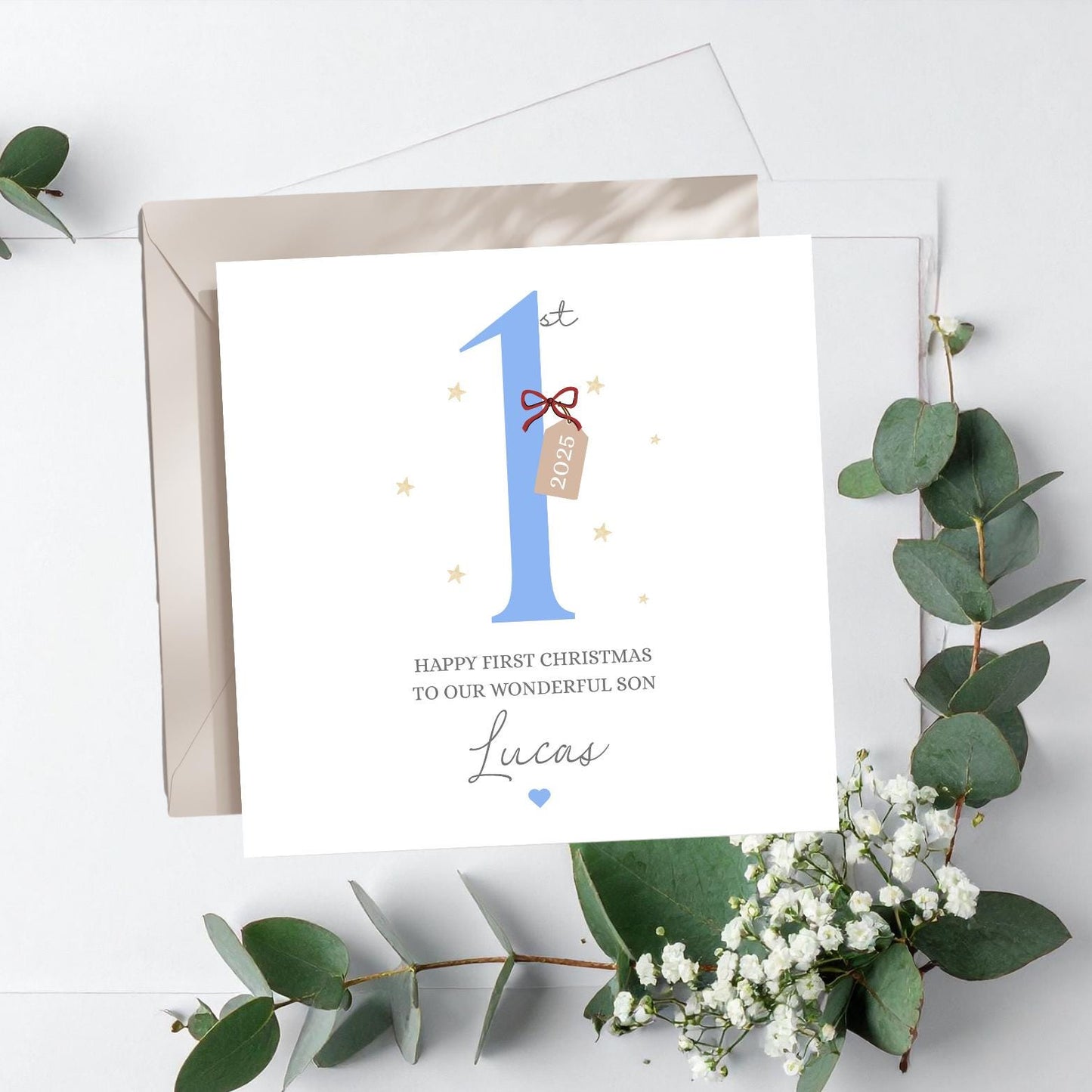 Personalised Beige First Christmas Card For Girl | Colour Choice 1st Christmas Card| Christmas Card for Daughter, granddaughter, Niece, Girl
