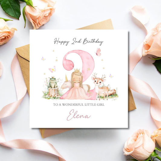 Personalised Second Birthday Princess Card | 2nd birthday Unicorn card|Second Birthday Card |Pink 2nd Birthday Card For Daughter,Goddaughter