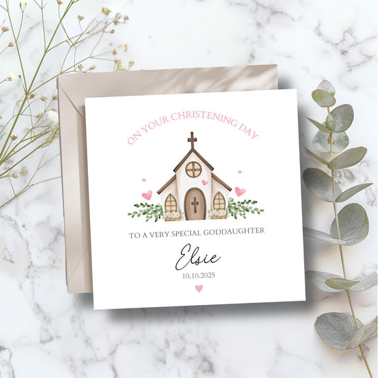 Personalised Christening Card, Baptism Card For Grandson Granddaughter Son Daughter Nephew Niece Godson Goddaughter, Chapel Church Design